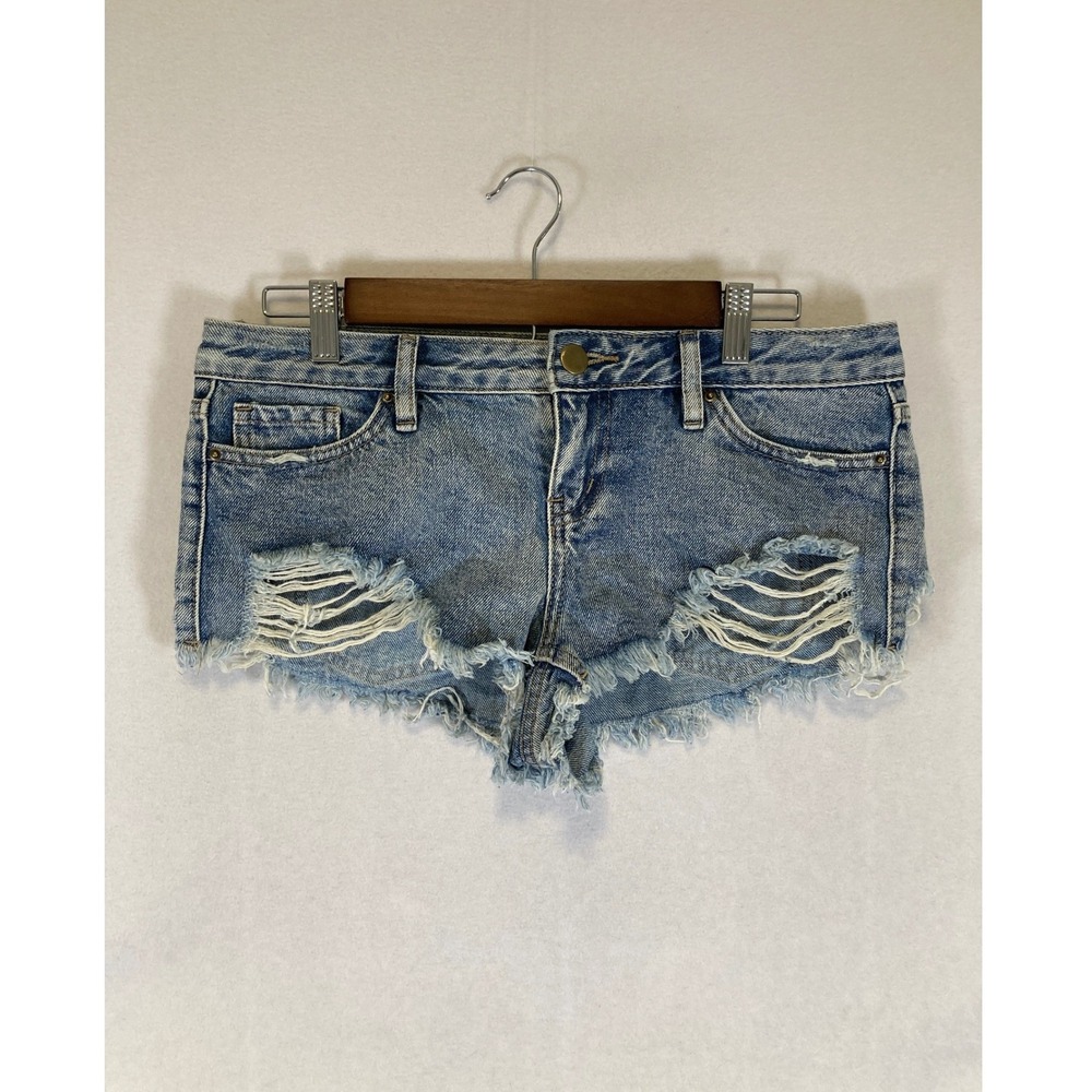 Distressed Fashion Nova Womens Size 5 Blue Denim Low Rise Frayed‎ Mini Shorts
